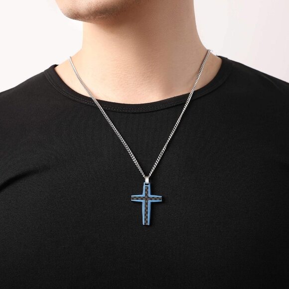 Men's Stainless Steel Two-Tone Black & Blue Carbon Fiber Cross Necklace - Picture 4 of 7